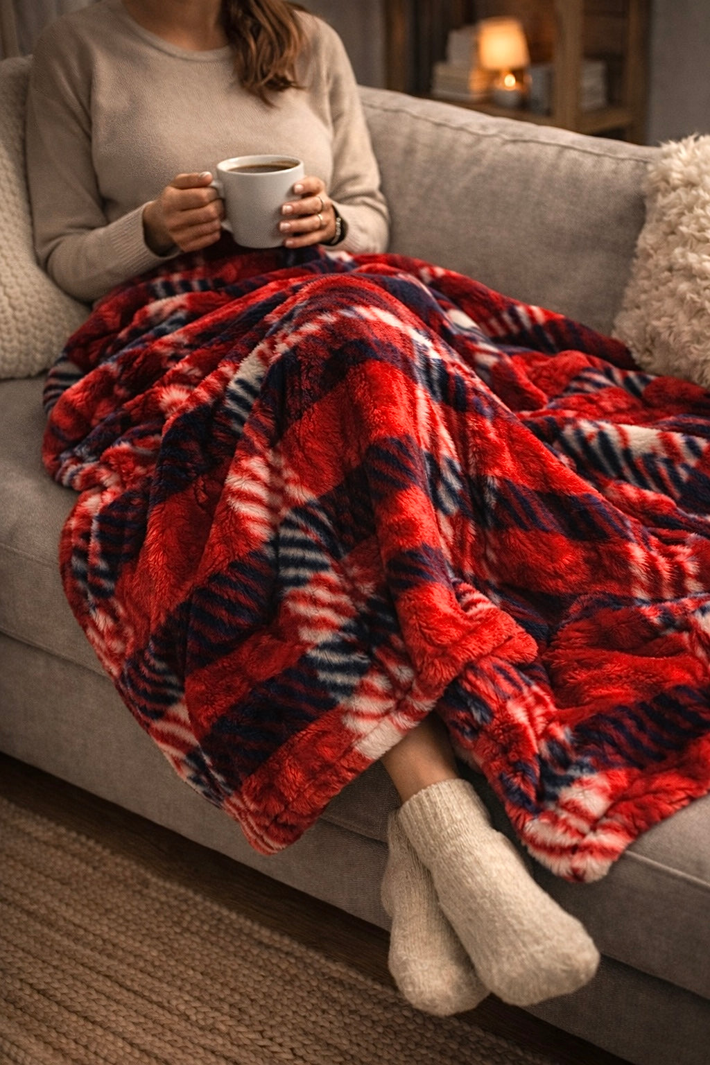 KADOSKY Peluş Battaniye 150×220 cm | Bordo Ekose