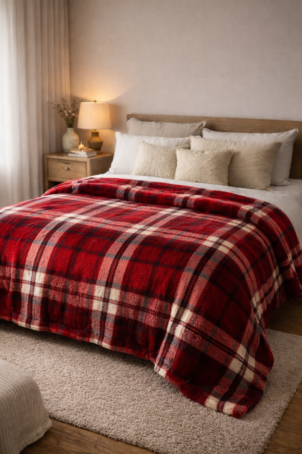 KADOSKY Peluş Battaniye 150×220 cm | Bordo Ekose