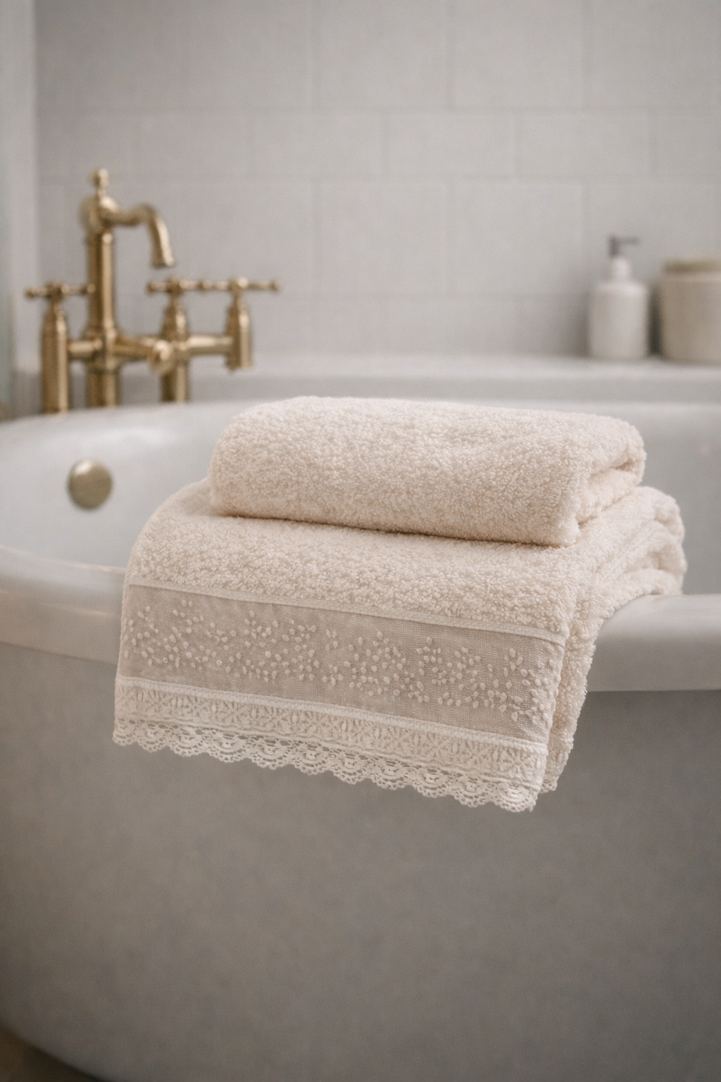 KADOSKY Bohem Serisi -1 Ultra Yumuşak Dantelli Banyo Havlu Seti - Saf Pamuk (2’li Set)